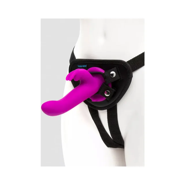 Purple Happy Rabbit vibrating strap-on fitted in black harness