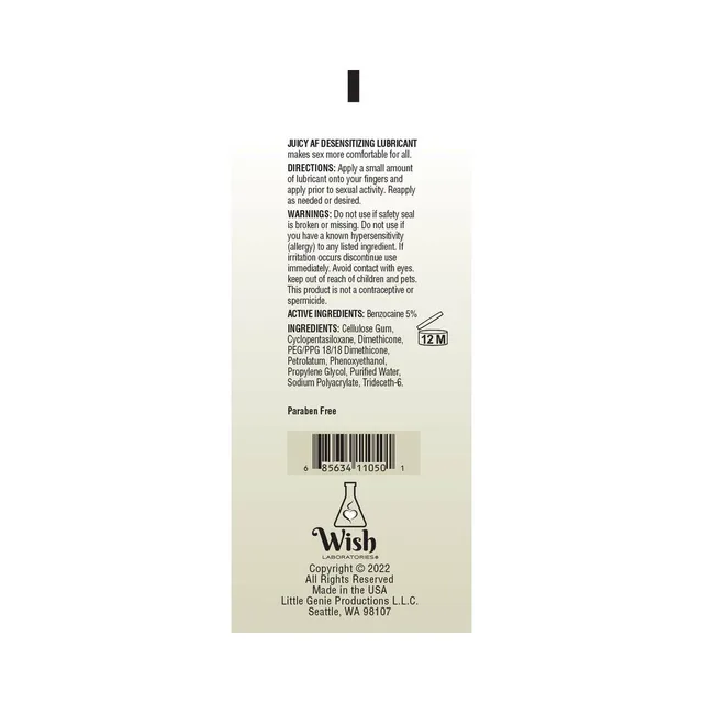Back ingredient label of Juicy AF 4 oz lubricant tube
