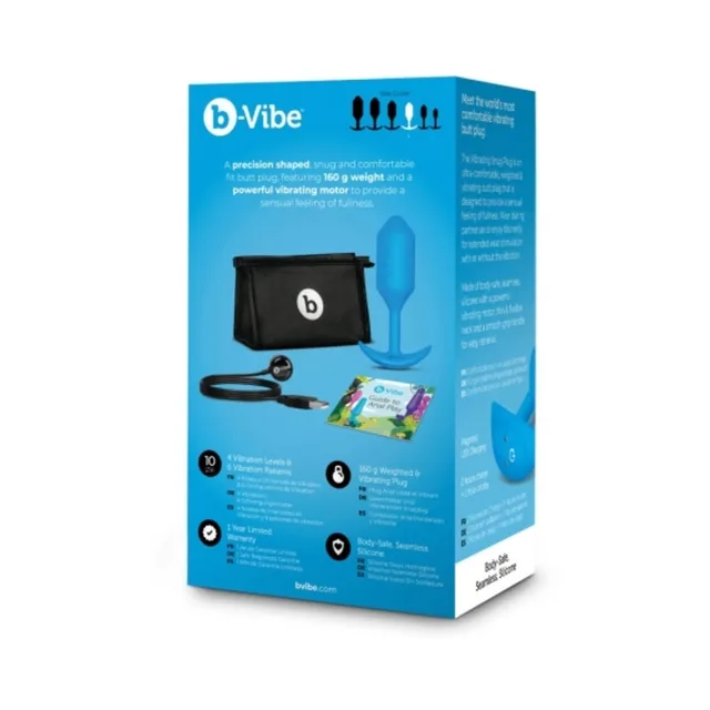 Back panel of blue b-Vibe Snug Plug 3 packaging