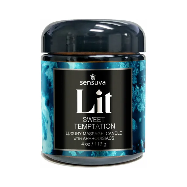 Sensuva Lit Sweet Temptation 4 oz blue massage candle in clear jar