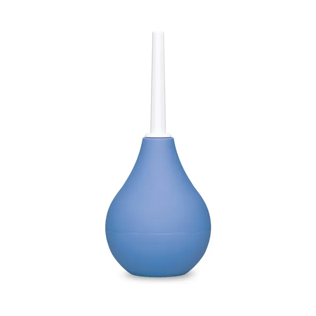 Blue b-Vibe compact enema douche upright with clear nozzle attached