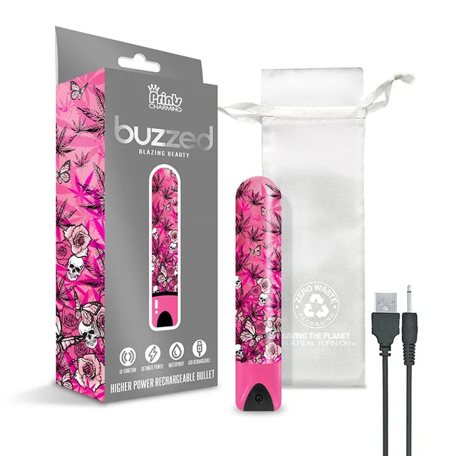 Buzzed Blazing Beauty bullet with gray box, pouch and charging cable