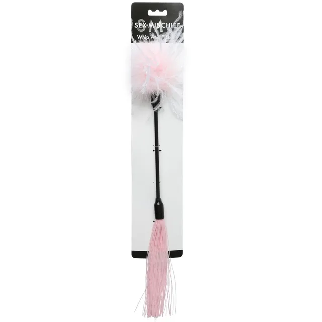Sex and Mischief Pink Whip and Tickle packaged dual-ended feather tickler