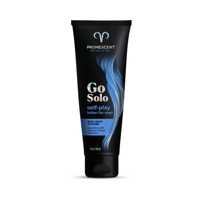 Front view of Promescent Go Solo 4 oz black lotion tube
