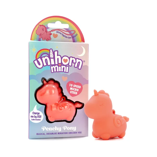 Unihorn Mini Peachy Pony orange vibrator beside rainbow retail card with pony illustration