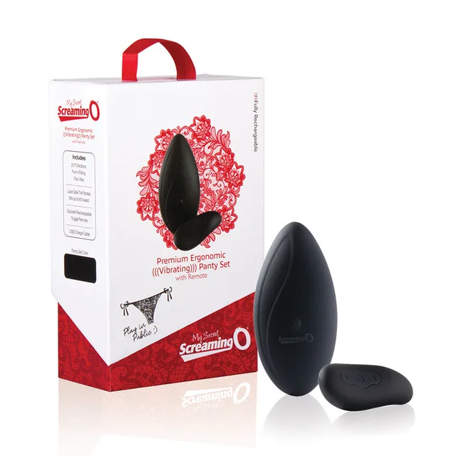 Screaming O black remote panty insert and controller beside retail box