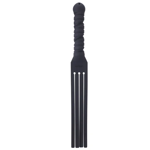 Upright black Tantus Tawse It paddle with ribbed handle and four tails