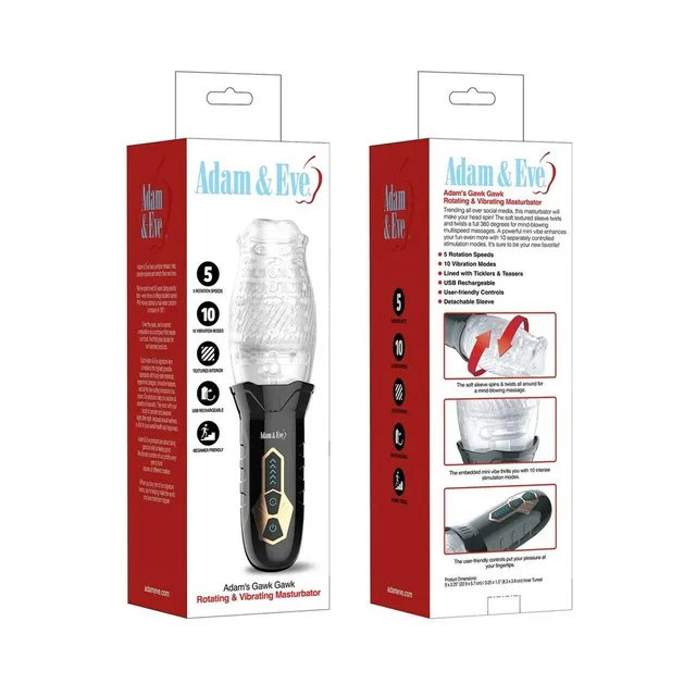 Adam's Gawk Gawk clear rotating masturbator beside red and white retail box