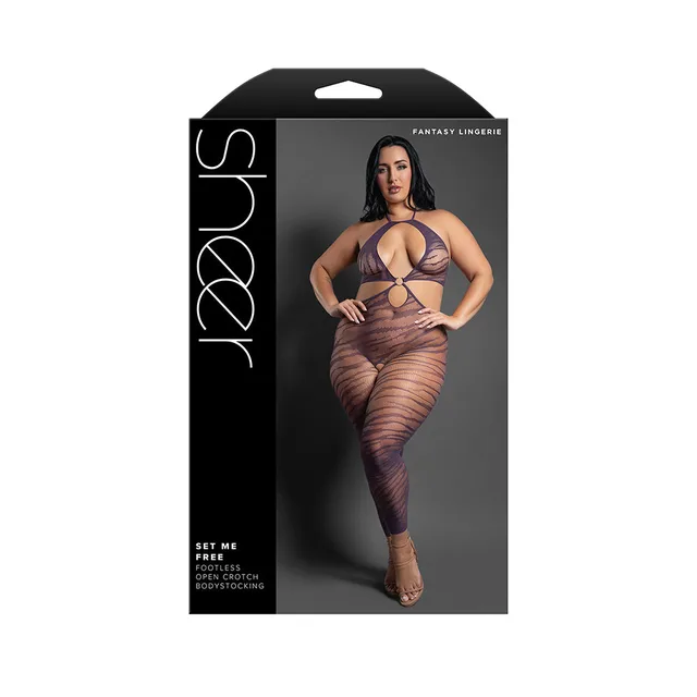 Fantasy Lingerie Sheer Set Me Free dark purple bodystocking Queen retail box
