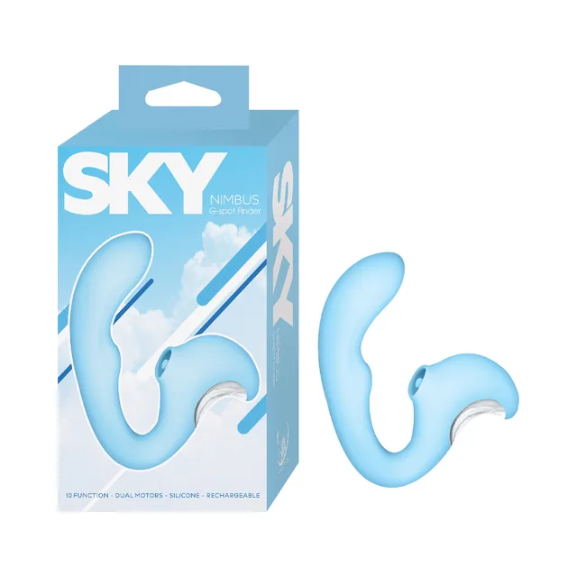 Nasstoys Sky Nimbus blue vibrator beside retail box