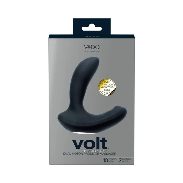 black curved VeDO Volt prostate vibrator with broad base inside a gray retail box