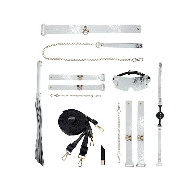 white and silver snakeskin Florence restraint pieces arranged together
