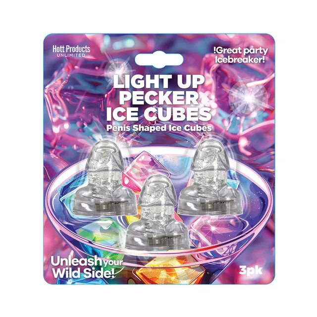 Three clear light-up penis ice cubes on colorful retail card