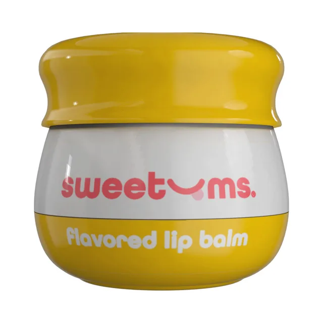 Front view of rounded Sweetums Honey Lip Balm jar with golden-yellow lid