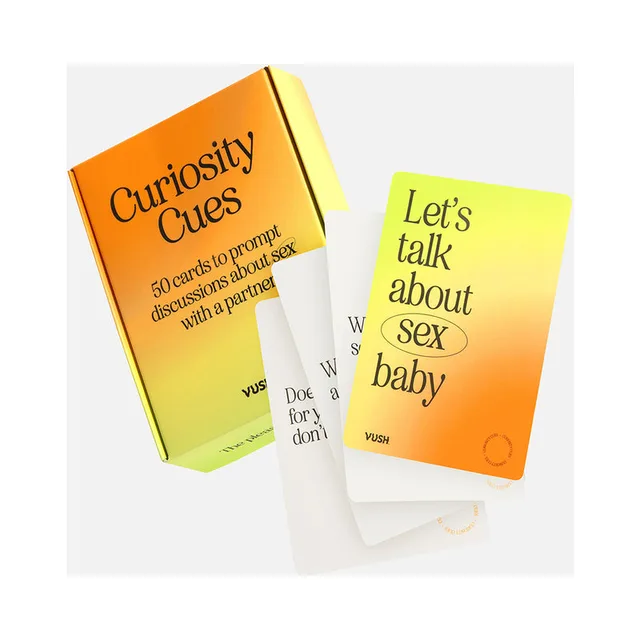 VUSH Curiosity Cues orange-yellow box with white conversation prompt cards