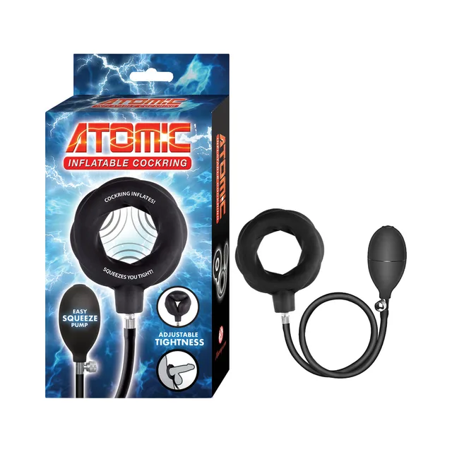 Nasstoys Atomic black inflatable cock ring beside the blue retail box with connected squeeze-bulb pump