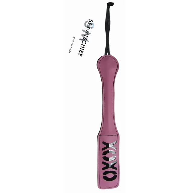 Sex and Mischief Pink XOXO Paddle full paddle with black X cutouts and hanging loop