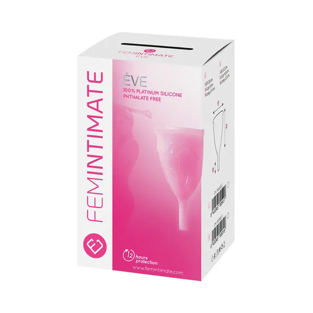 FEMINTIMATE Eve menstrual cup size L light-pink cup pictured on white and pink carton