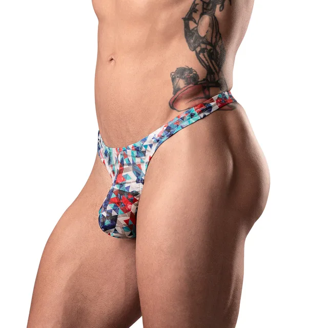 Male Power Your Lace Or Mine L/XL multicolor geometric Bong Thong side view worn by model