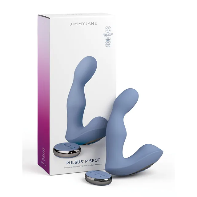 periwinkle Jimmyjane Pulsus P-Spot curved vibrator beside white retail box