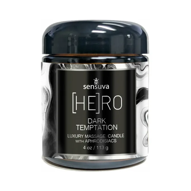 Sensuva Hero Dark Temptation 4 oz massage candle in clear jar