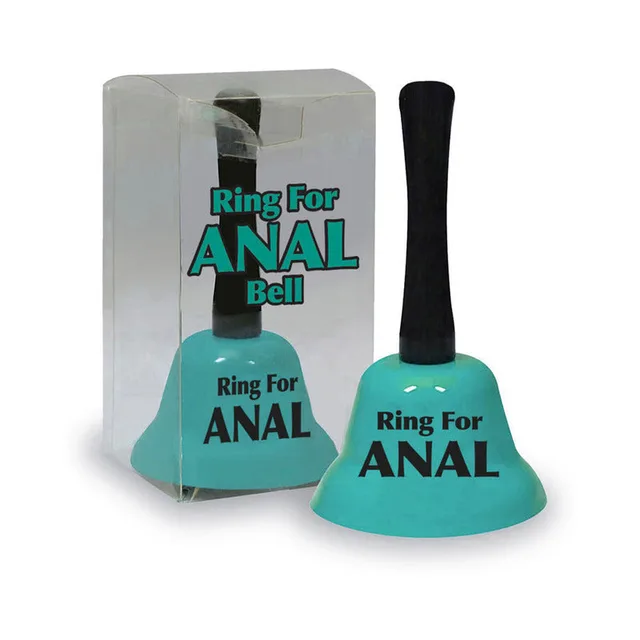 teal Ring for Anal metal bell with black handle beside its clear display box