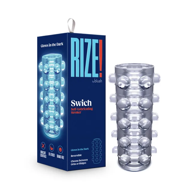 Blush RIZE Swich clear reversible textured stroker beside blue retail box