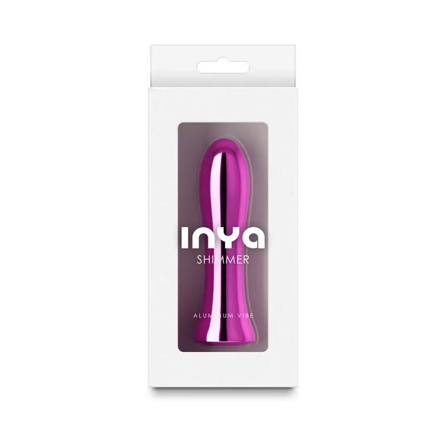 Metallic-pink INYA Shimmer aluminum vibrator visible through white box