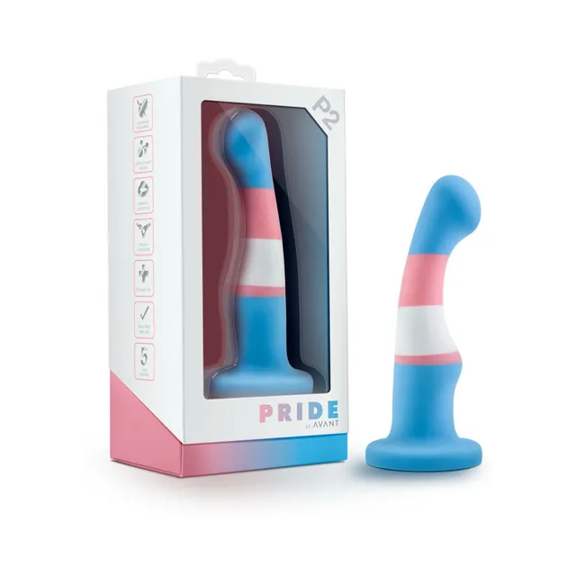 Avant Pride P2 True Blue dildo beside white display box