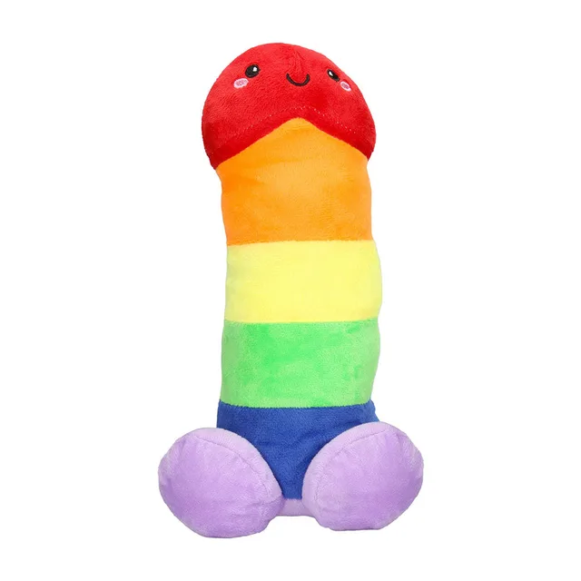 rainbow Shots Penis Stuffy plush with horizontal color bands and purple base