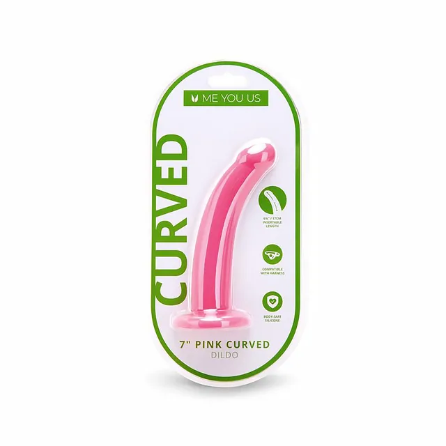 Me You Us 7-inch pink curved dildo in white and green package