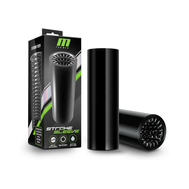 Blush M for Men black reversible stroker beside black-and-green retail box with both textured ends visible