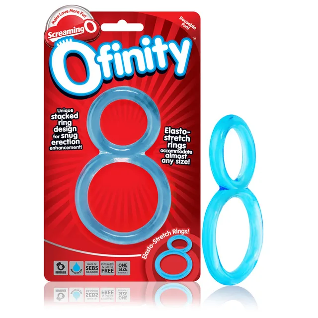 Screaming O Ofinity Blue blue figure-eight ring beside red hanging card