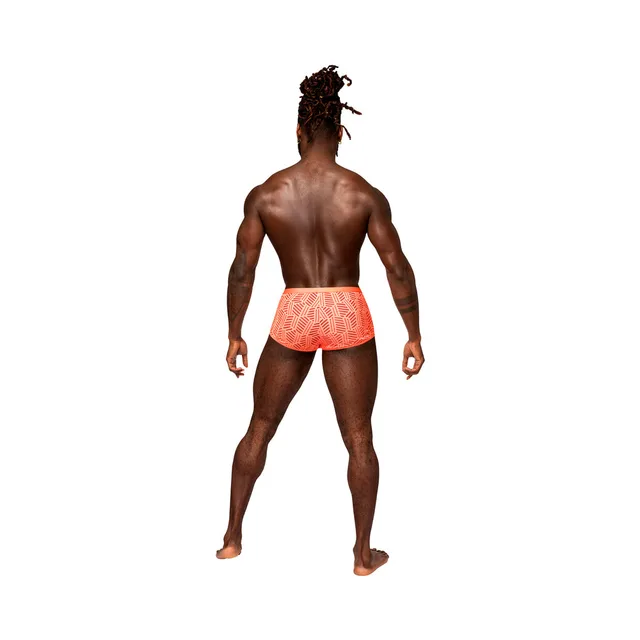 Rear view of neon orange mesh cheeky short
