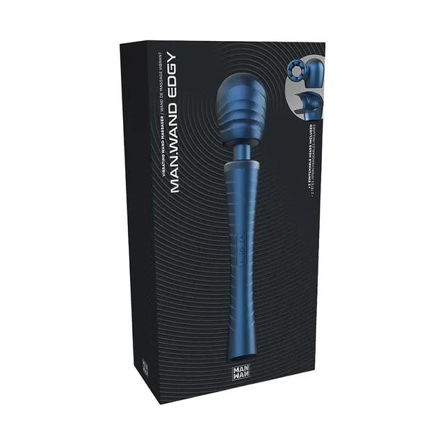 Blue MAN WAN Edgy wand massager displayed on black striped retail box
