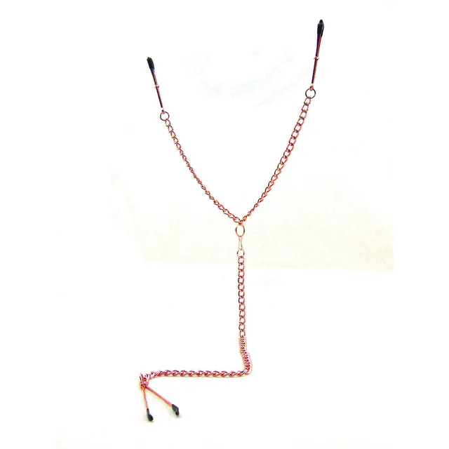 pink Y-shaped chain with three matching black-tip tweezer clamps