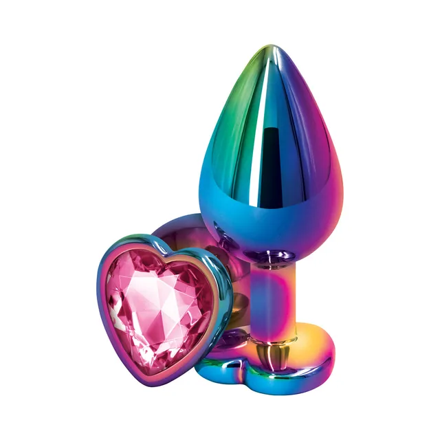 Iridescent medium plug with pink faceted heart jewel base