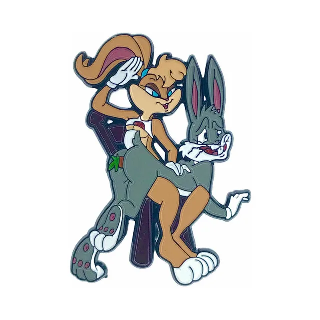Bad Bunny enamel pin with illustrated woman holding gray rabbit character