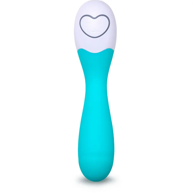 turquoise OhMiBod LoveLife Cuddle vibrator with white heart control panel