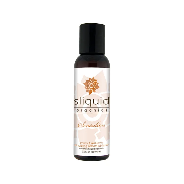 Sliquid Organics Sensation 2 oz slim dark bottle with black cap and gold emblem