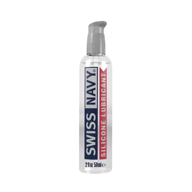 Swiss Navy two-ounce silicone lubricant bottle with gray pump