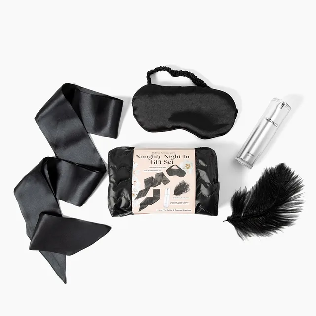 Beloved Naughty Night In gift set with blindfold, ribbon, tickler and bottle
