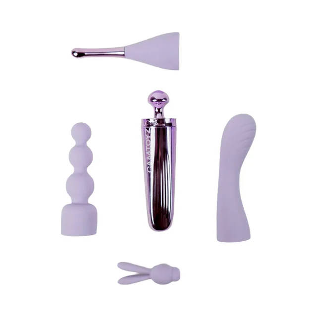 Camtoyz Fouria metallic purple bullet vibrator set with the bullet and multiple attachment shapes arranged upright