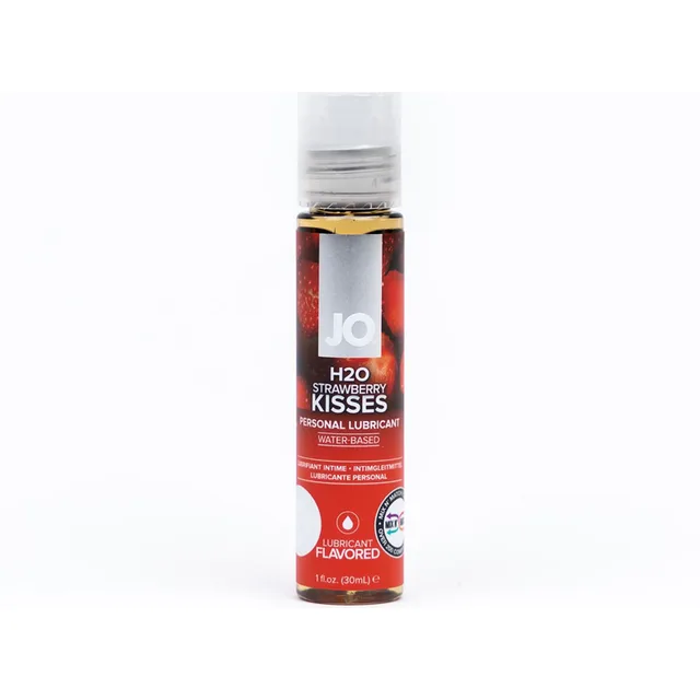 Front view of 1 oz JO H2O Strawberry Kisses bottle with silver cap and red label