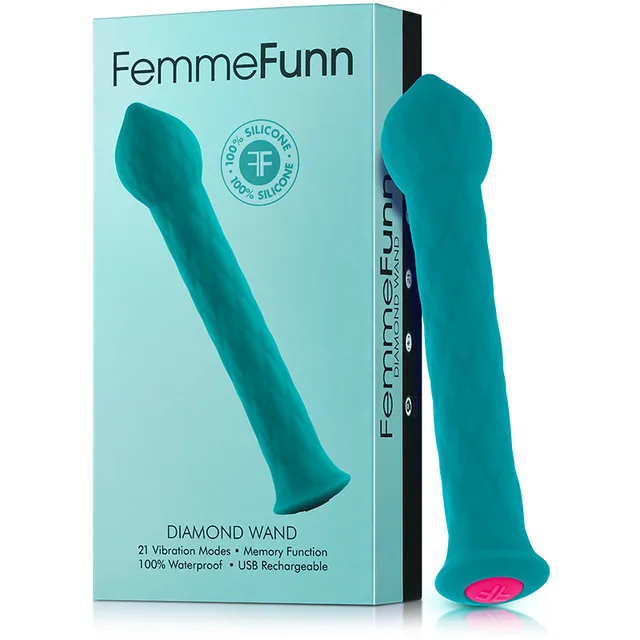 FemmeFunn Turquoise Diamond Wand beside matching carton