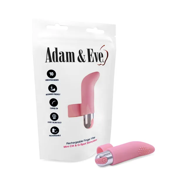 Adam & Eve pink rechargeable silicone finger vibrator pictured beside white bag packaging