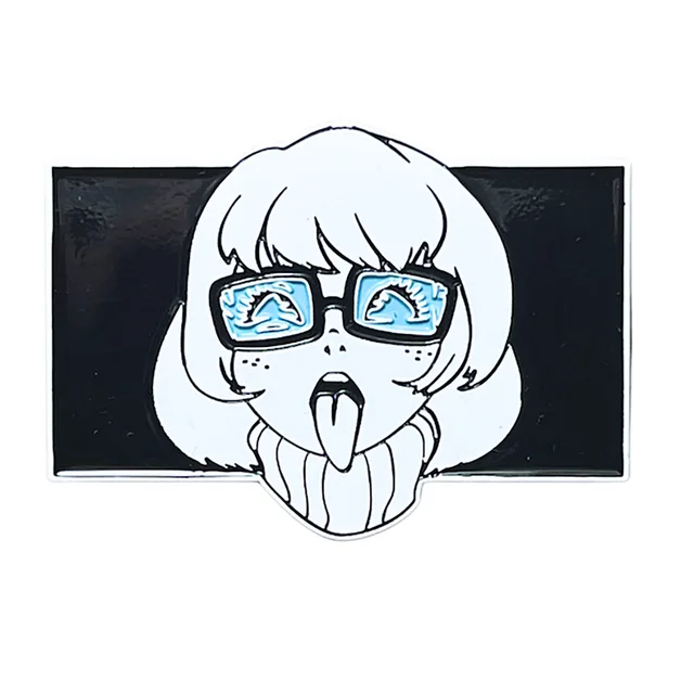 Nerdy Girl V2 enamel pin with white hair black glasses and blue lenses