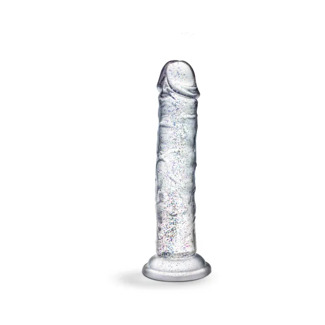 Front view of clear Glamor glitter dildo and suction base