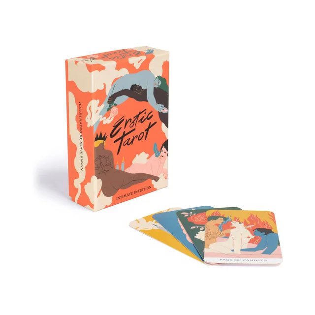 Erotic Tarot orange patterned box with colorful illustrated cards
