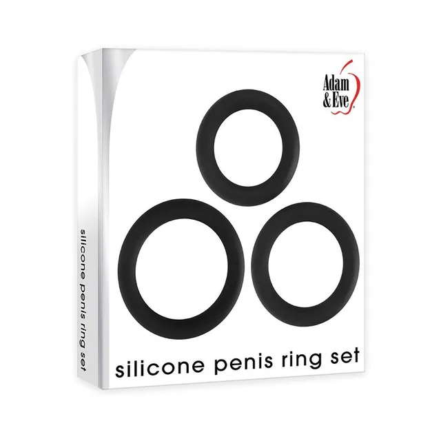 Adam & Eve black three-piece silicone ring set three rings pictured on white retail box